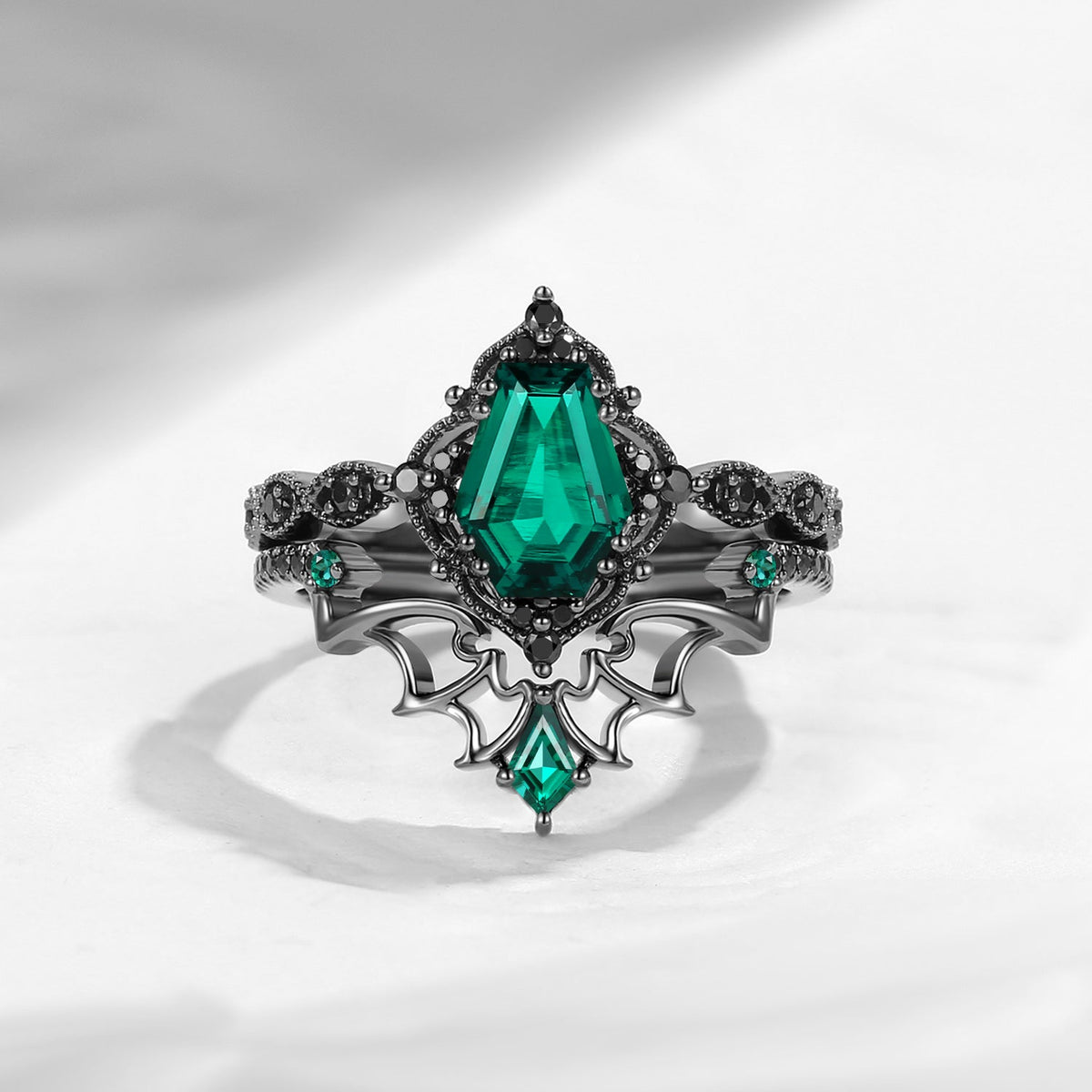 Gothic Inspired 'Dark Romance' Coffin Shaped Moss Agate Black Gold Engagement Ring Set 2pcs