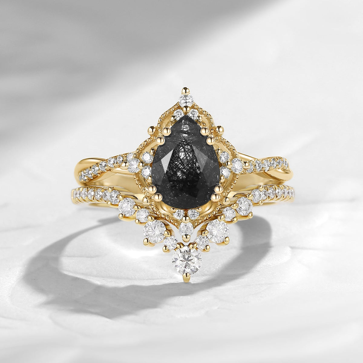 Vintage Inspired Pear Cut Black Rutilated Quartz Infinity Engagement Ring 2pcs