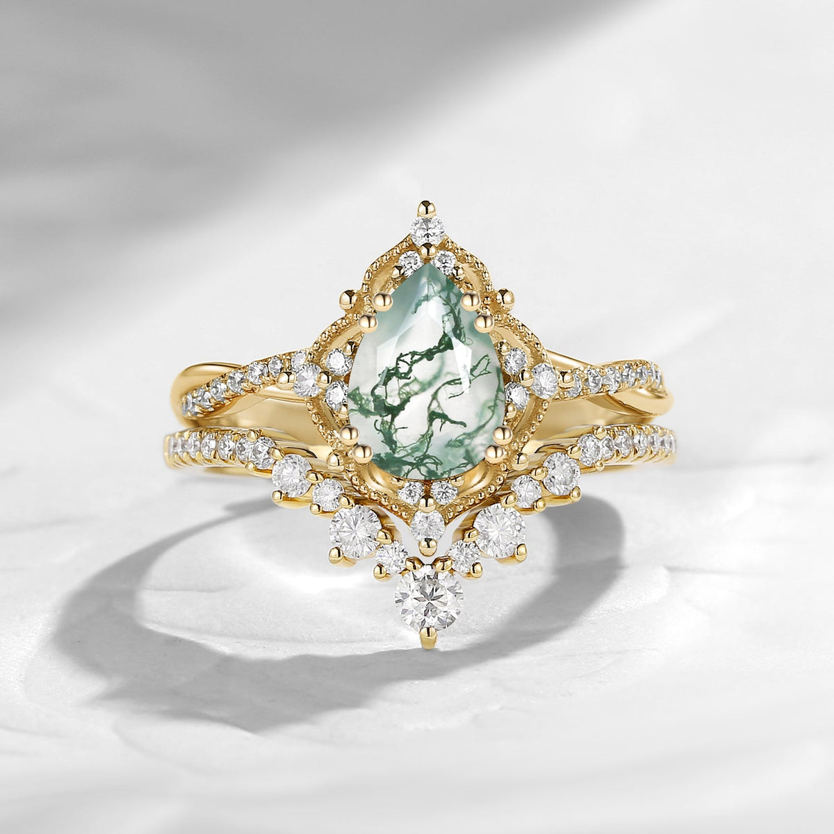 Vintage Inspired Pear Cut Moss Agate Infinity Engagement Ring 2pcs