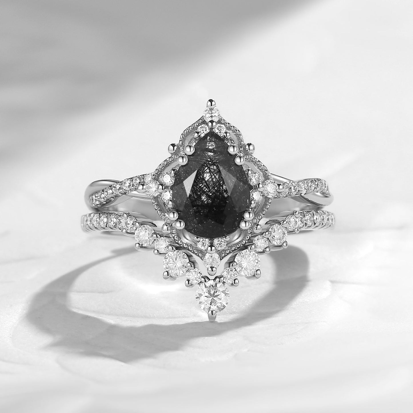 Vintage Inspired Pear Cut Black Rutilated Quartz Infinity Engagement Ring 2pcs