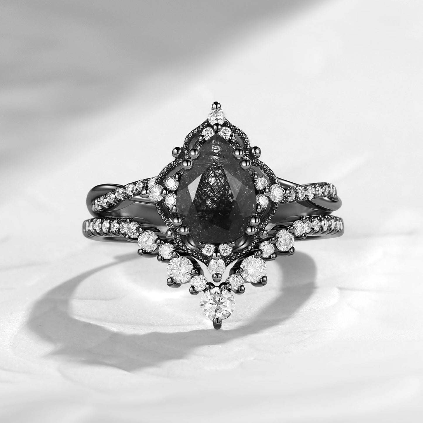 Vintage Inspired Pear Cut Black Rutilated Quartz Infinity Engagement Ring 2pcs