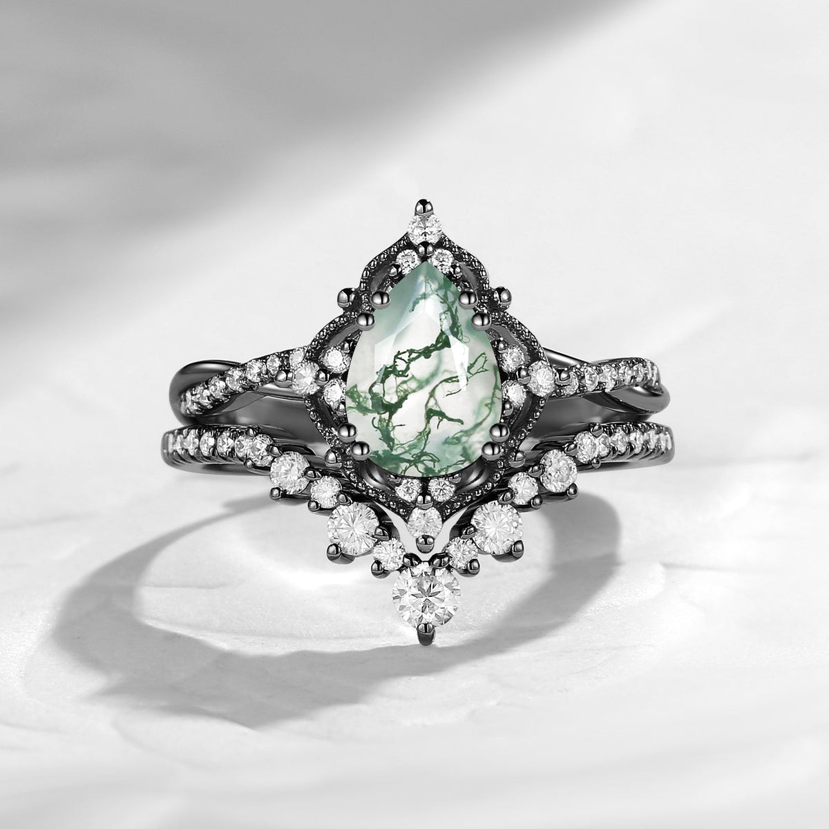 Vintage Inspired Pear Cut Moss Agate Infinity Engagement Ring 2pcs