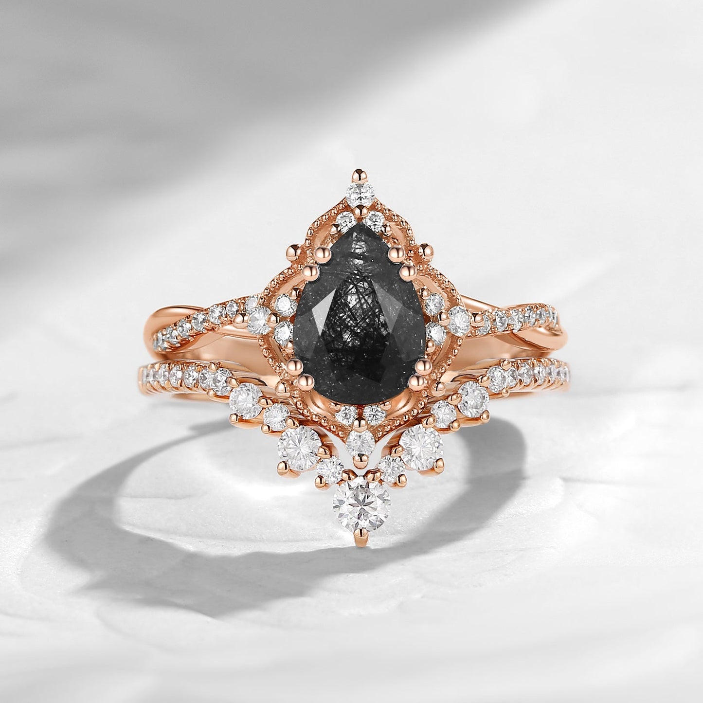 Vintage Inspired Pear Cut Black Rutilated Quartz Infinity Engagement Ring 2pcs