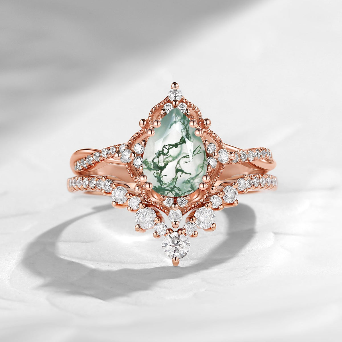 Vintage Inspired Pear Cut Moss Agate Infinity Engagement Ring 2pcs