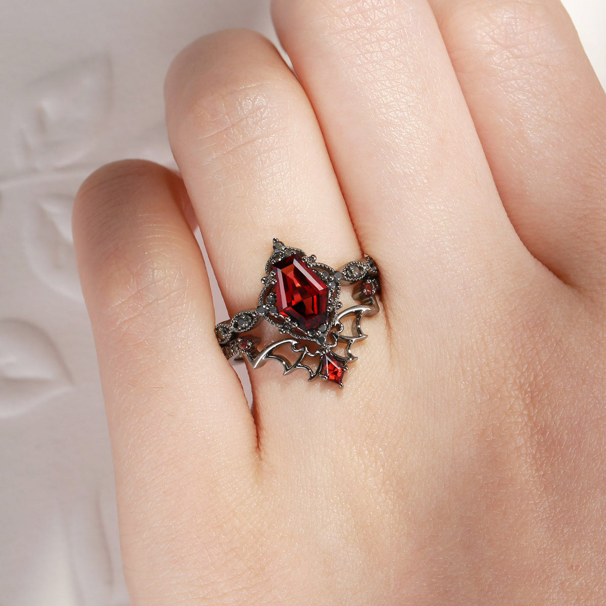 Gothic Style Coffin Garnet Bat Wing Inspired Black Gold Ring Jewelry Set - Bat Jewelry Box