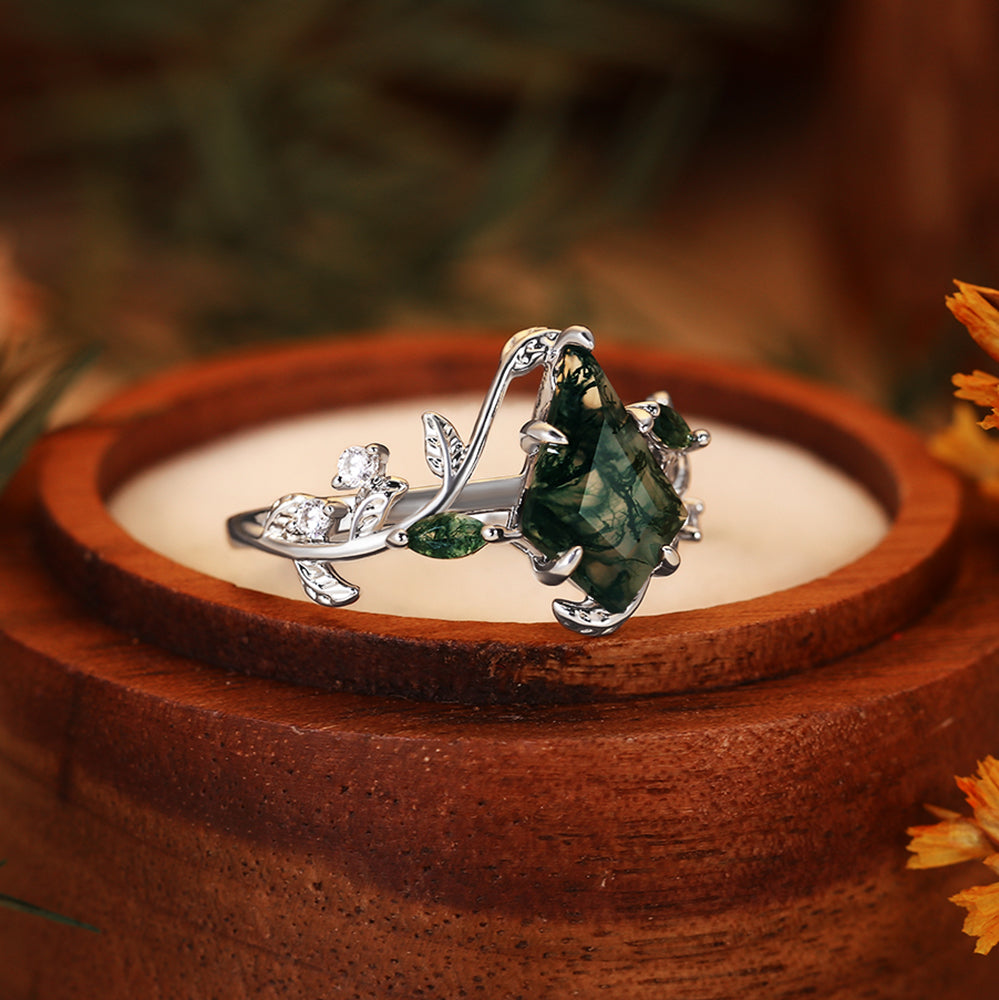 Unique Kite Cut Moss Agate Nature Inspired Vine & Leaf Branch Engagement Ring