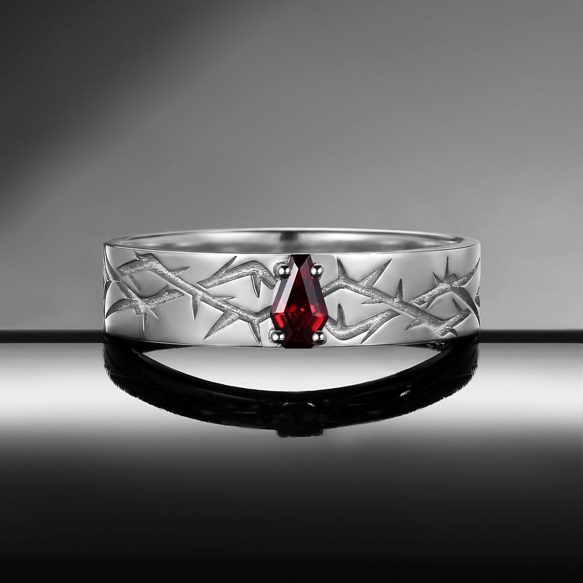 Thorns & Roses - Nature Inspired Coffin Cut Garnet Wedding Band with Thorn Inspired Engraving