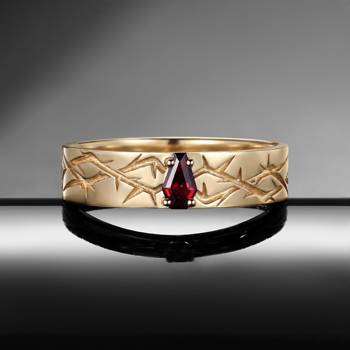 Thorns & Roses - Nature Inspired Coffin Cut Garnet Wedding Band with Thorn Inspired Engraving