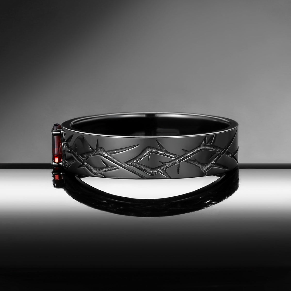 Thorns & Roses - Nature Inspired Coffin Cut Garnet Wedding Band with Thorn Inspired Engraving