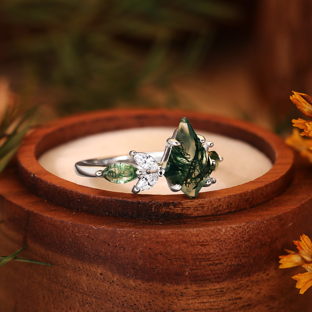 Nature Inspired 8x12mm Kite Cut Moss Agate Engagement Ring Forest Leaf Design