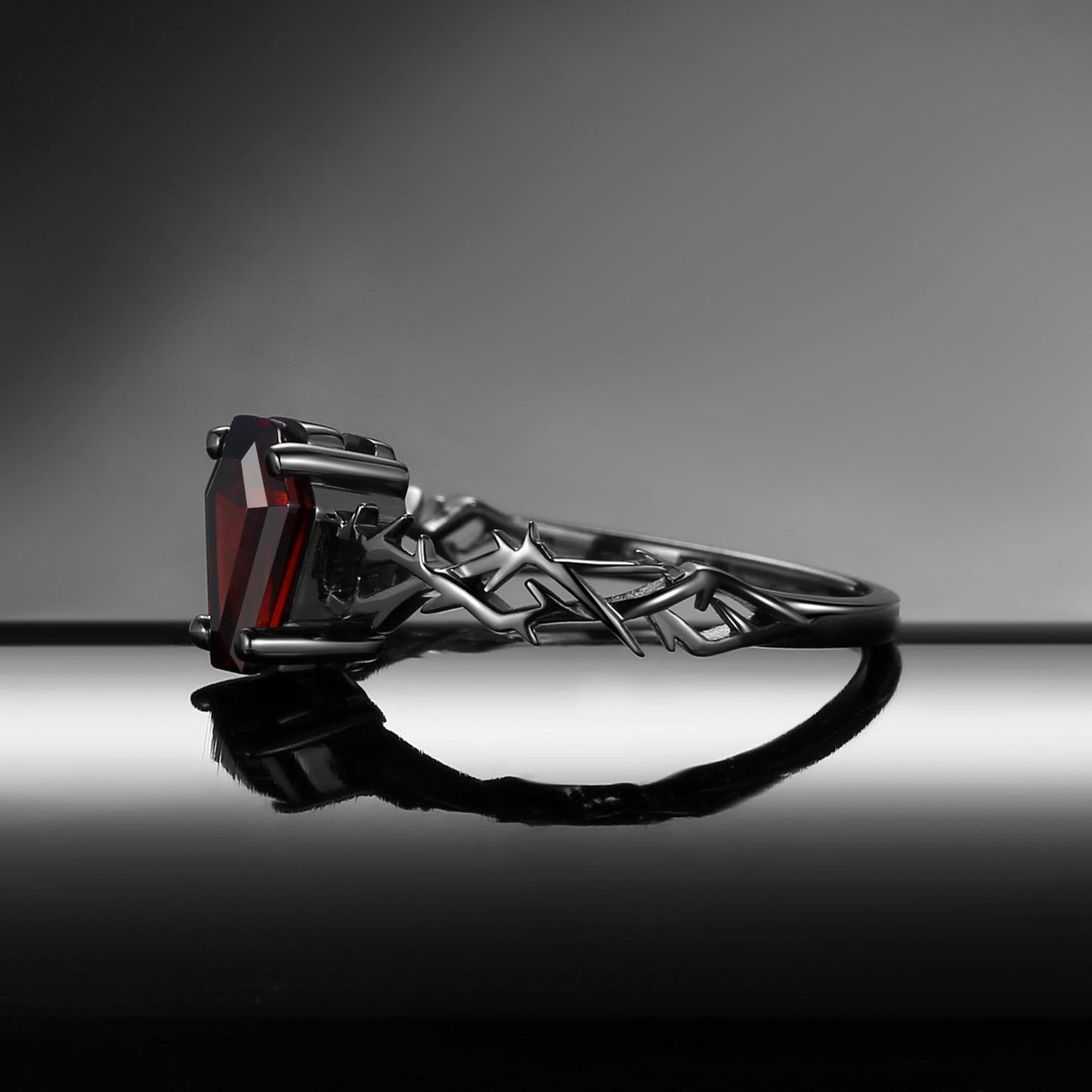 Thorns & Roses - Nature Inspired Coffin Cut Garnet Twisted Engagement Ring with Thorn-inspired Band