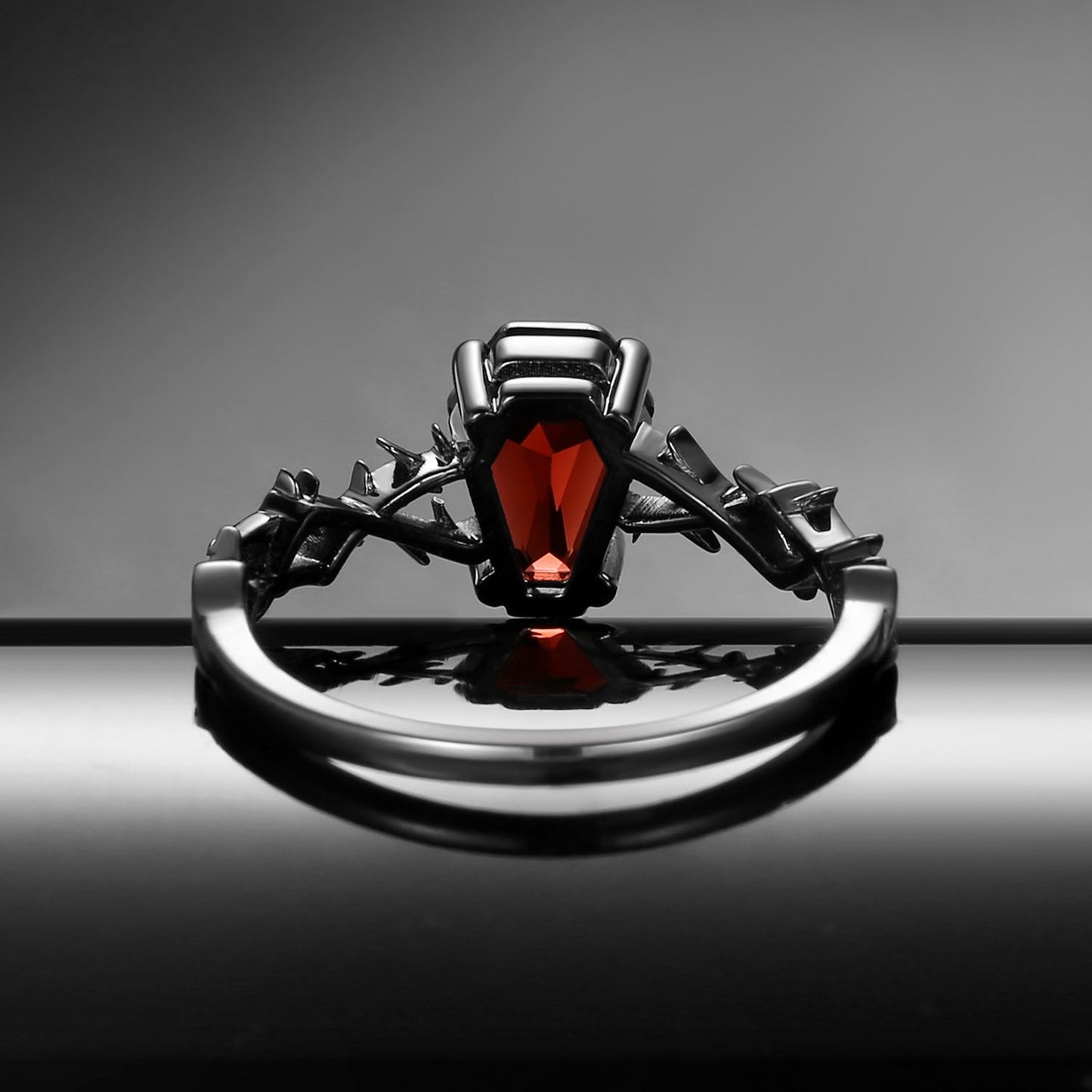 Thorns & Roses - Nature Inspired Coffin Cut Garnet Twisted Engagement Ring with Thorn-inspired Band