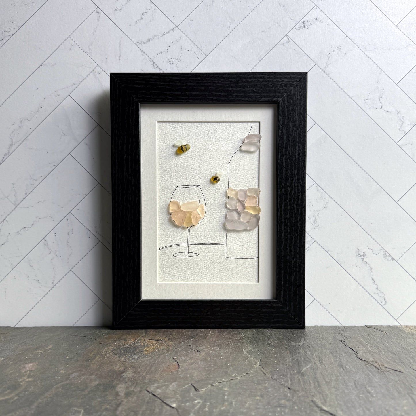 Pink Wine Bistro Sea Glass Art| Framed Wall Art Bar Décor | Handmade Hostess Gift