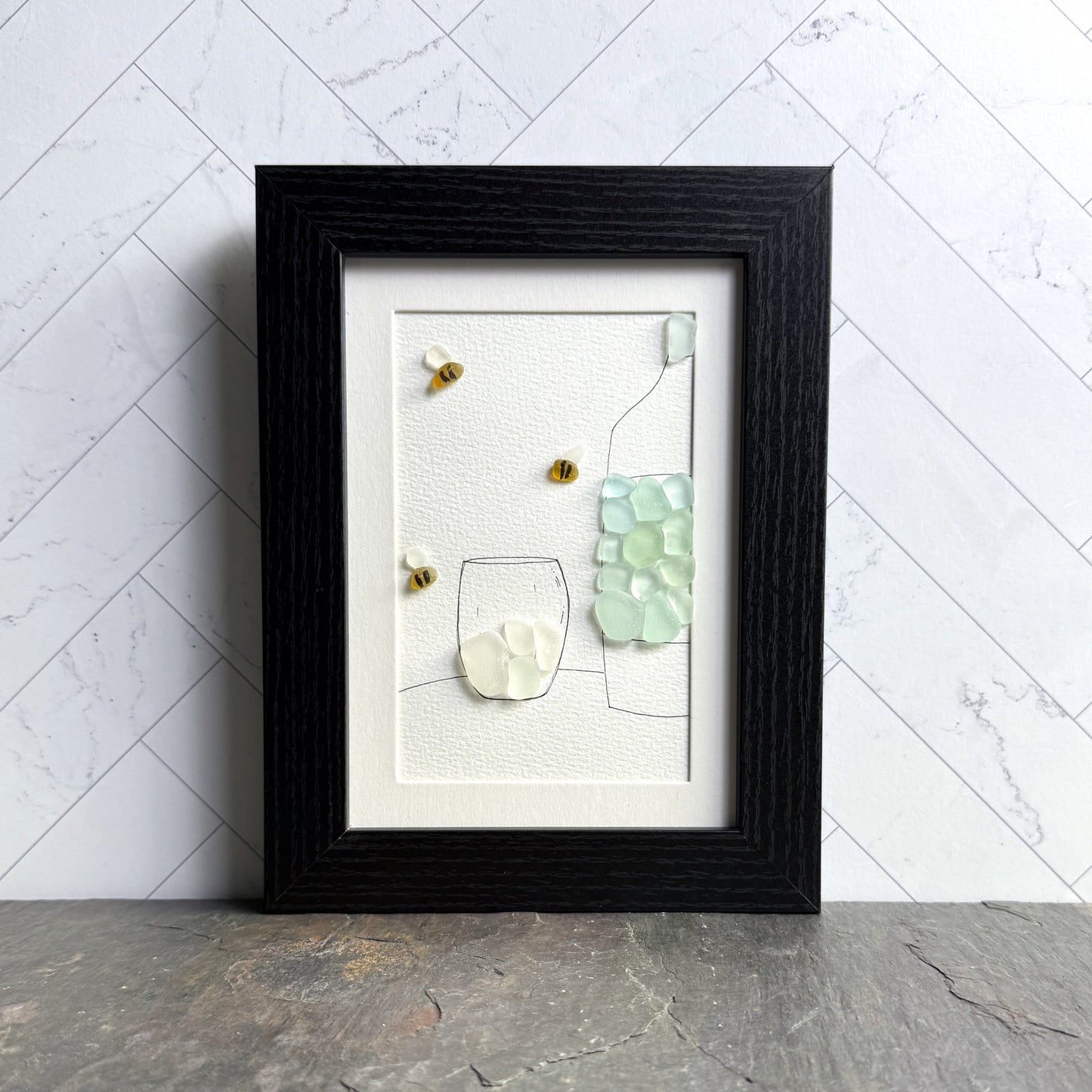 Sea Foam Wine Bistro Sea Glass Art| Framed Wall Art Bar Décor | Handmade Hostess Gift