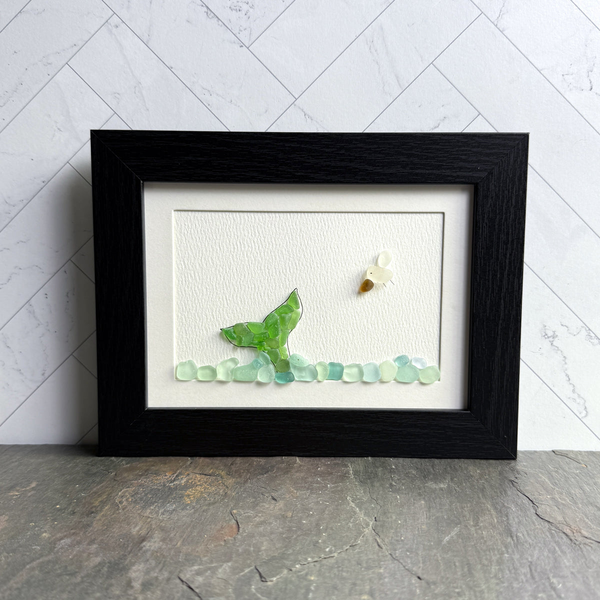 Green Whale Tail Sea Glass Art | 5x7 Framed Coastal Beach Theme Wall Art | Handcrafted Beach Gift