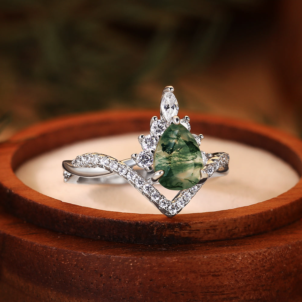 Forest Whisper - Pear Cut Moss Agate Crown Ring with Moissanite Chevron Band, Nature Inspired Wedding Jewelry