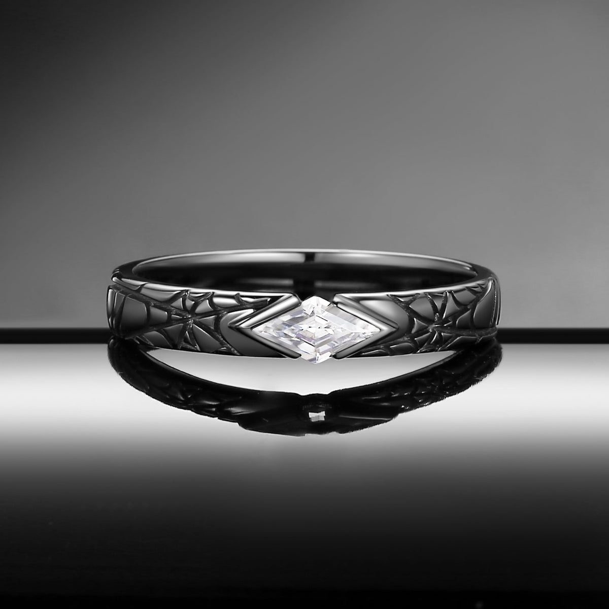 Gothic East to West Kite Moissanite Spider Web Filigree Wedding Band