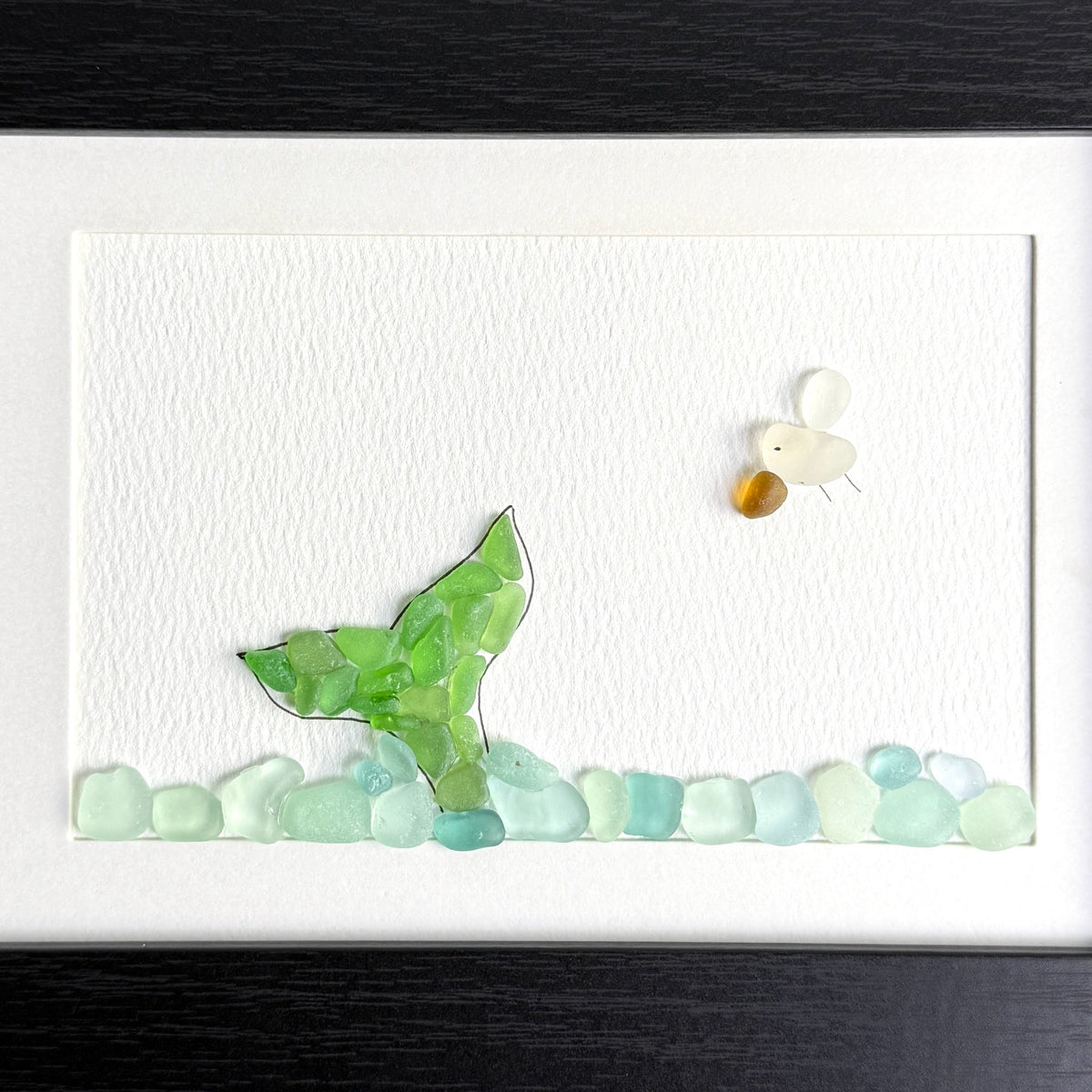 Green Whale Tail Sea Glass Art | 5x7 Framed Coastal Beach Theme Wall Art | Handcrafted Beach Gift