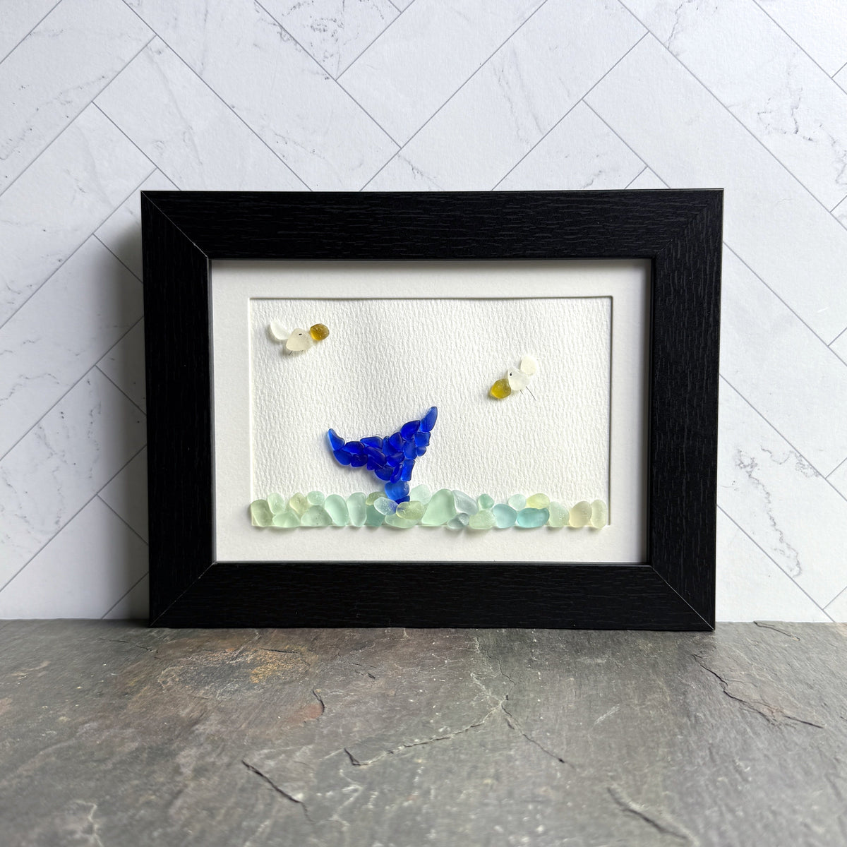 Blue Whale Tail Sea Glass Art | 5x7 Framed Coastal Beach Theme Wall Art | Handcrafted Beach Gift