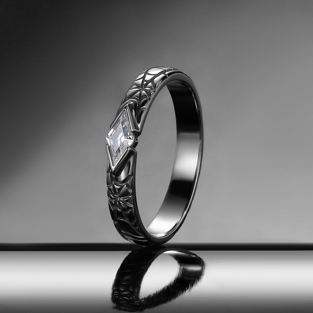 Gothic East to West Kite Moissanite Spider Web Filigree Wedding Band