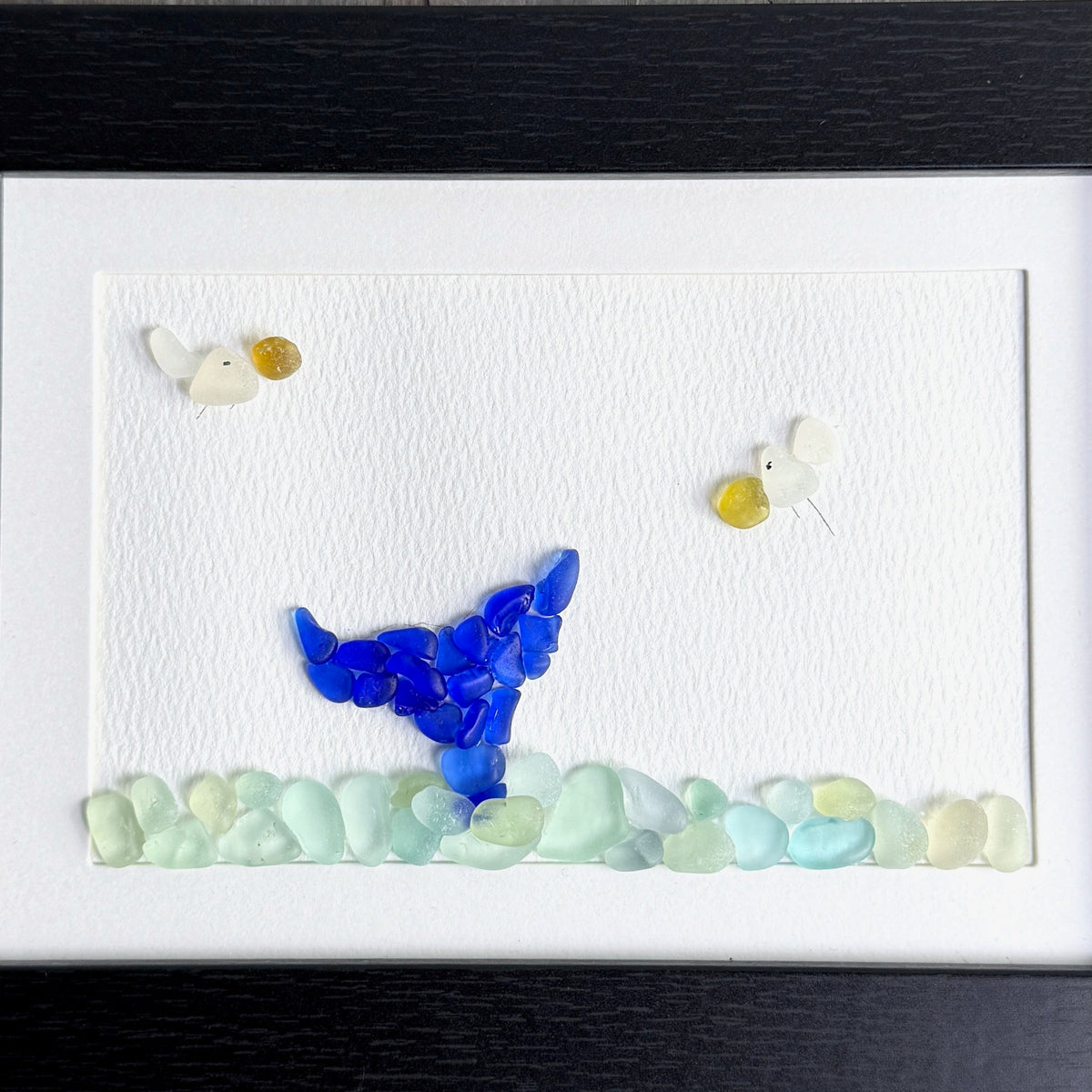 Blue Whale Tail Sea Glass Art | 5x7 Framed Coastal Beach Theme Wall Art | Handcrafted Beach Gift