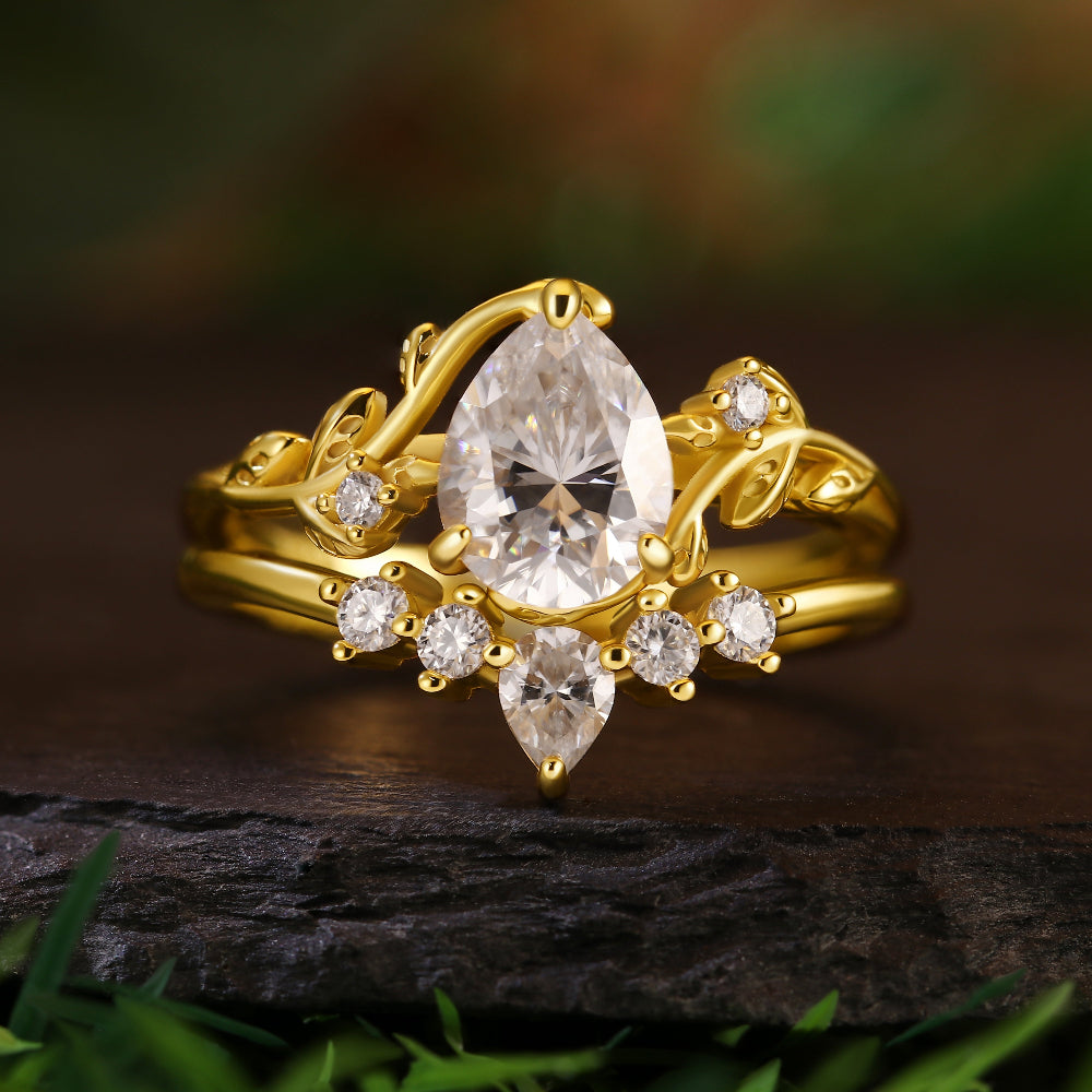 1.63CT Pear Cut Moissanite Leaf Twig Nature-Inspired Bridal Ring Set