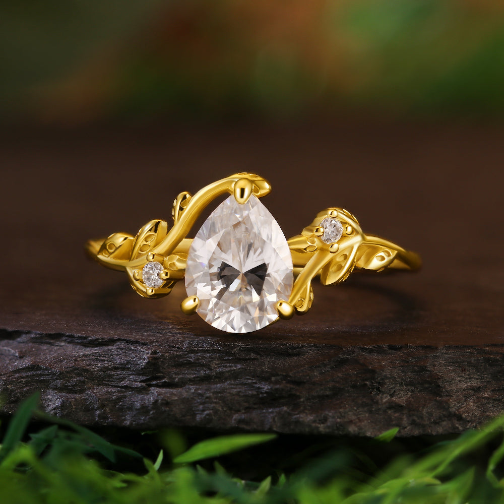 1.36CT Pear Cut Moissanite Leaf Leaves Twig Nature Inspired Twisted Engagement Ring