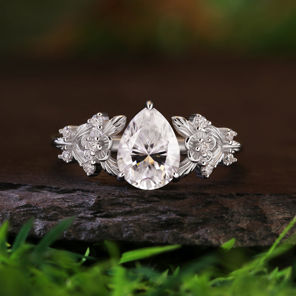 1.41ct Pear Cut Moissanite Engagement Ring, Nature Inspired Leaf & Vine Design
