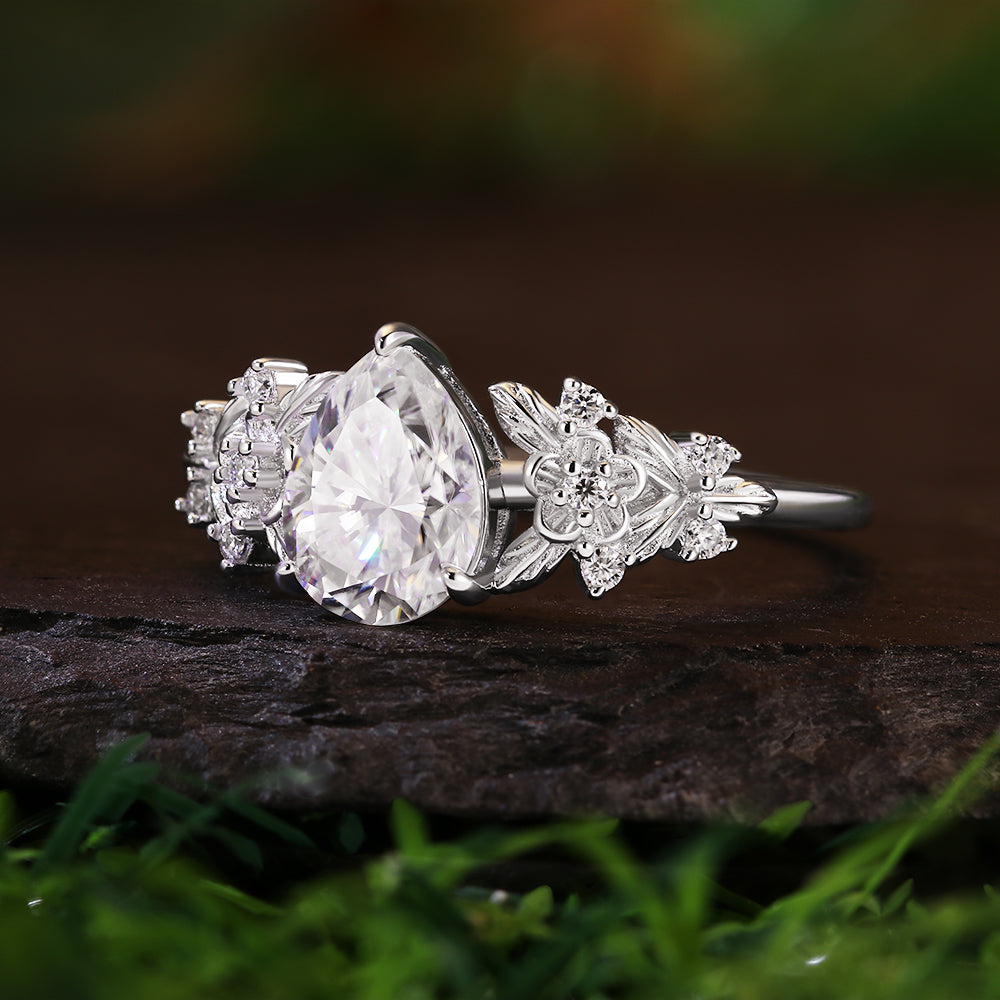 1.41ct Pear Cut Moissanite Engagement Ring, Nature Inspired Leaf & Vine Design