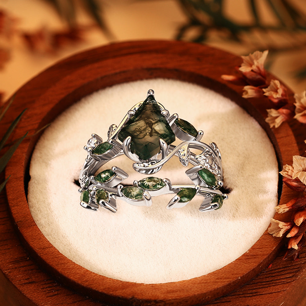 Unique Kite Cut Moss Agate Ring Nature Inspired Vine & Leaf Bridal Ring