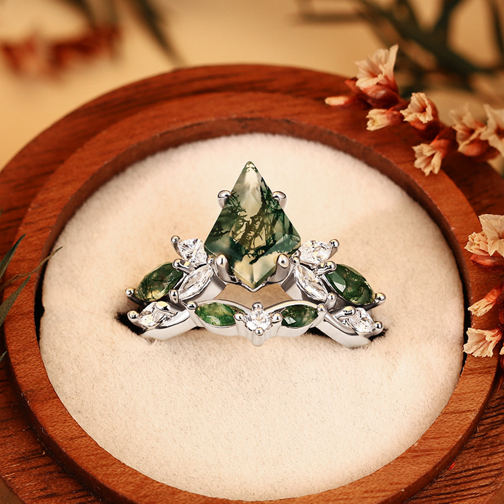 Unique 8x12mm Kite Cut Moss Agate Engagement Ring Set Nature Inspired Vintage Moissanite Wedding Band for Women