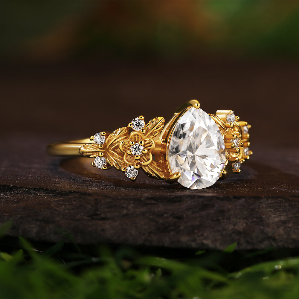 1.41ct Pear Cut Moissanite Engagement Ring, Nature Inspired Leaf & Vine Design