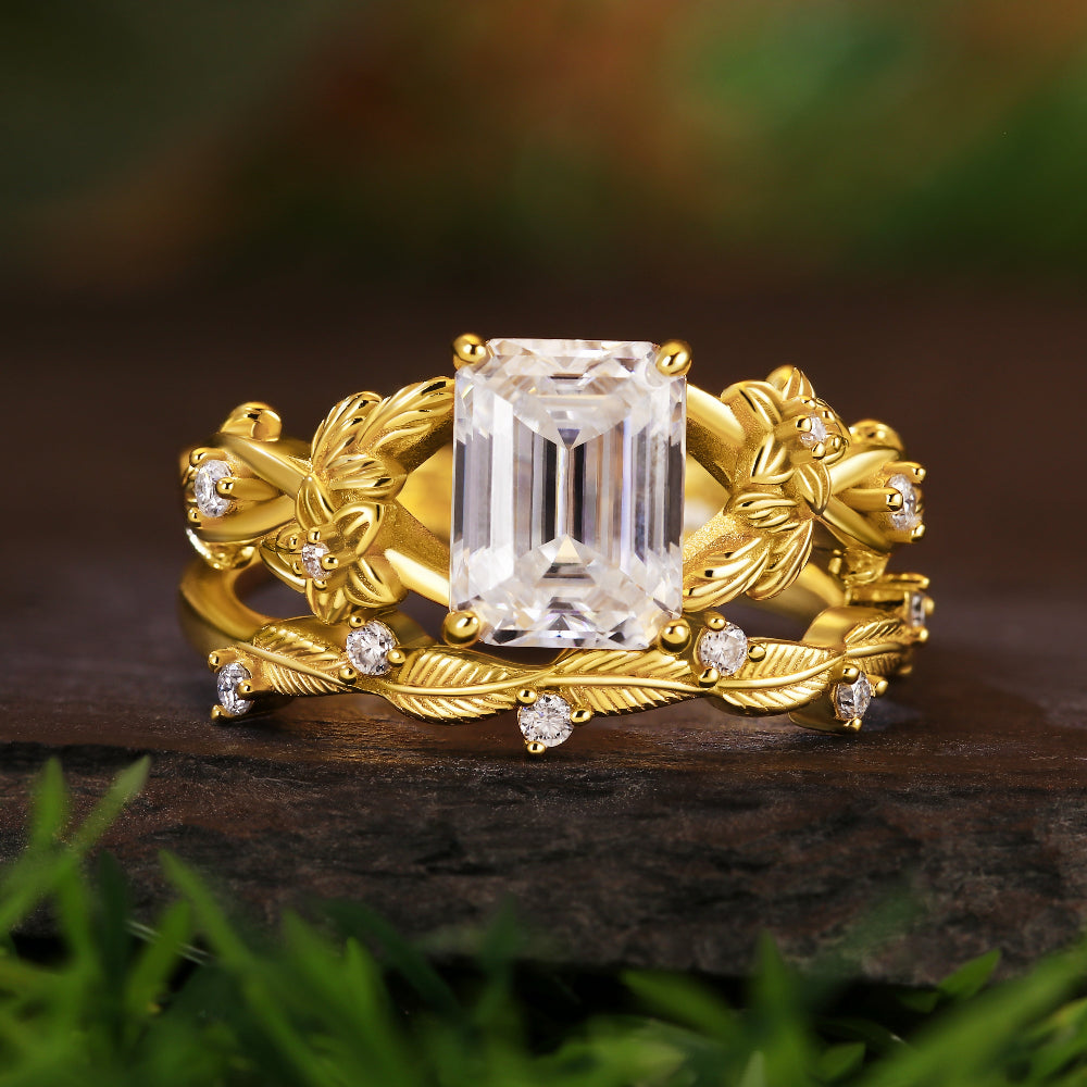 Unique Vintage 1.91ct Emerald Cut Moissanite Leaf Bridal Ring Set