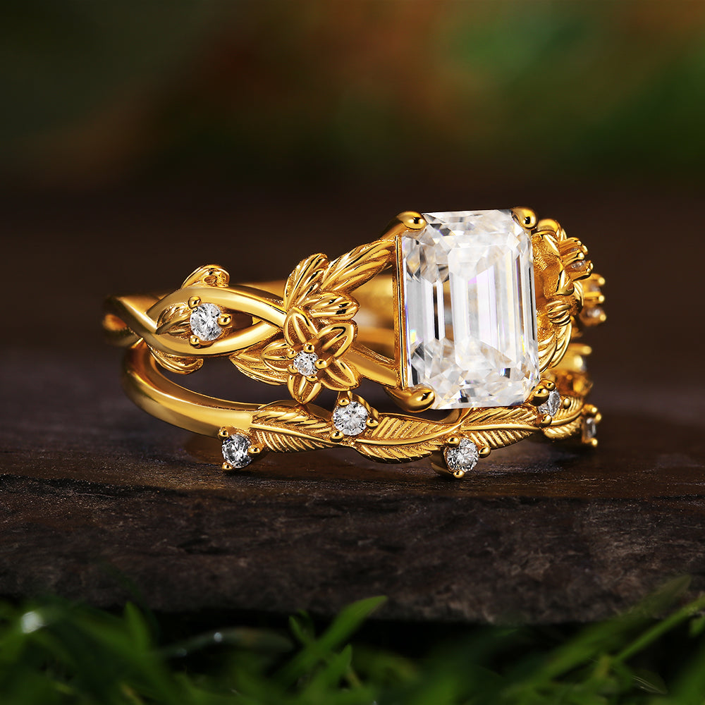 Unique Vintage 1.91ct Emerald Cut Moissanite Leaf Bridal Ring Set
