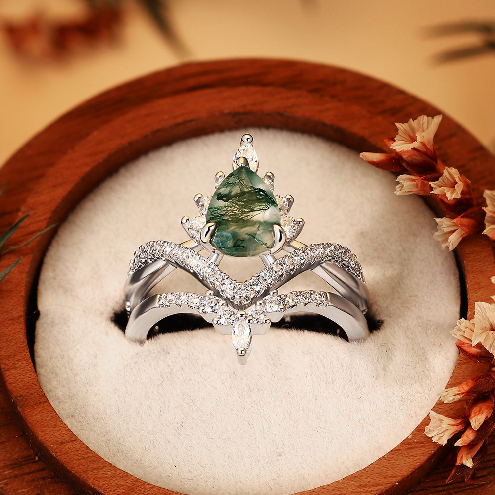 Pear Shaped Moss Agate Engagement Ring Set for Women, Vintage Nature Inspired Wedding Band, 2PCS Teardrop Agate Bridal Set