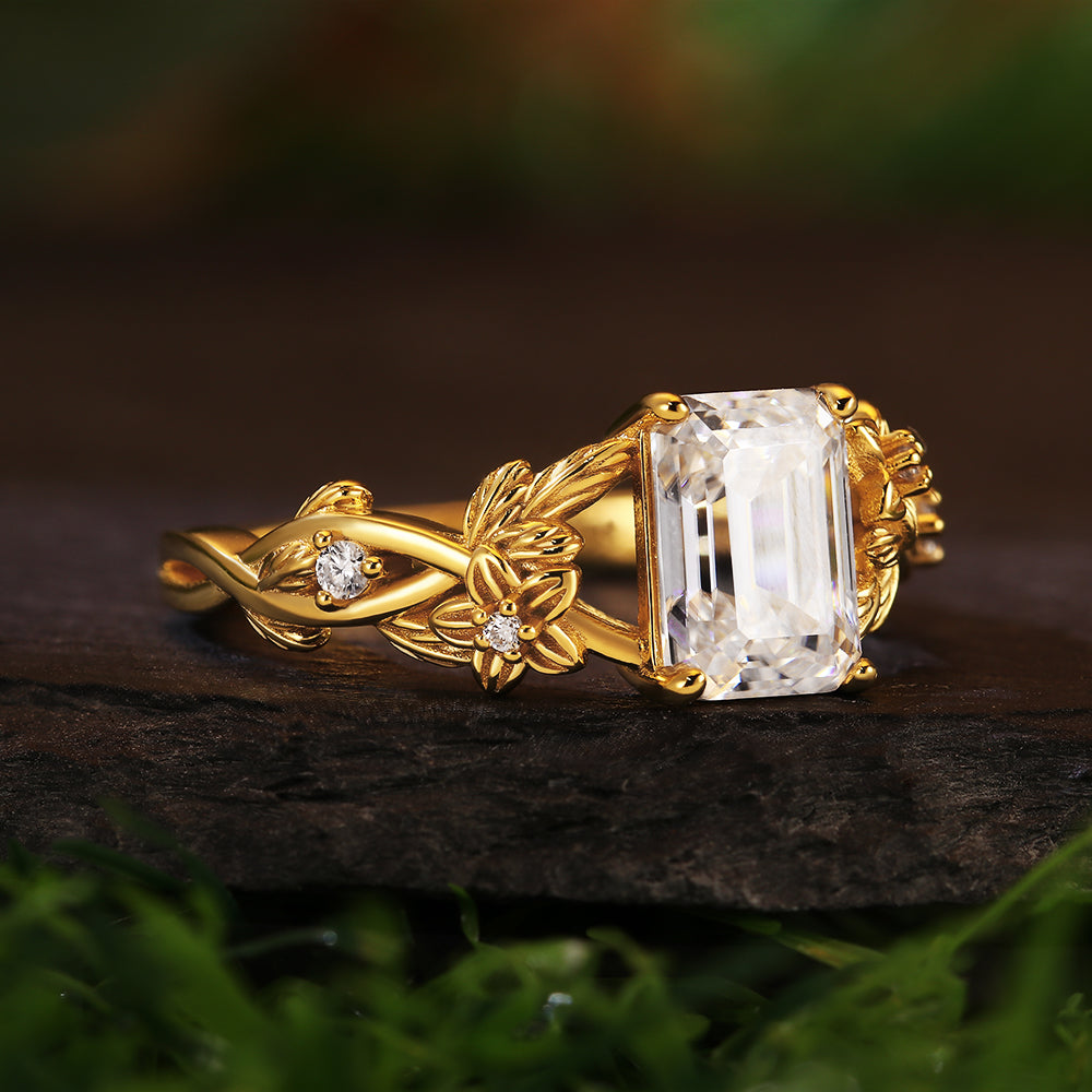 Vintage-Inspired 1.83ct Emerald Cut Moissanite Leaf Engagement Ring