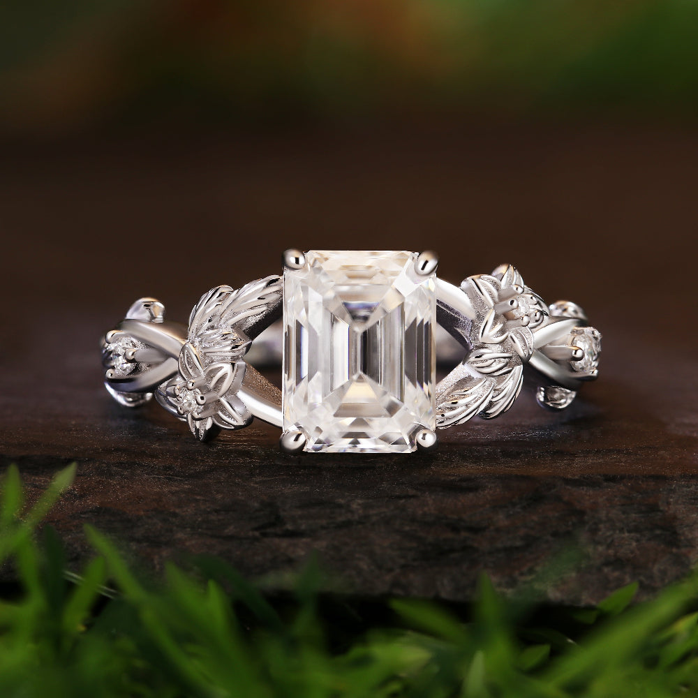 Vintage-Inspired 1.83ct Emerald Cut Moissanite Leaf Engagement Ring