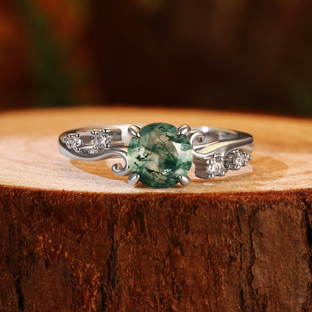 Vintage Nature Inspired Vine Style 6.5mm Round Moss Agate Engagement Ring