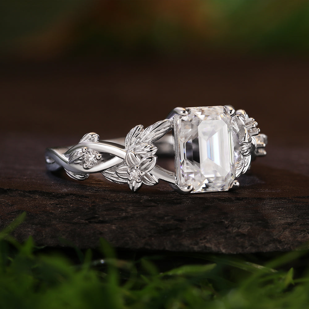 Vintage-Inspired 1.83ct Emerald Cut Moissanite Leaf Engagement Ring