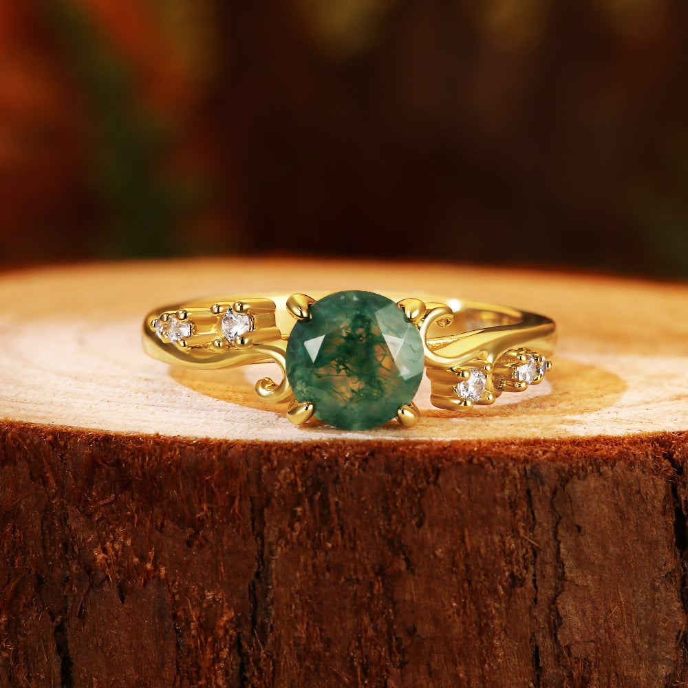 Vintage Nature Inspired Vine Style 6.5mm Round Moss Agate Engagement Ring