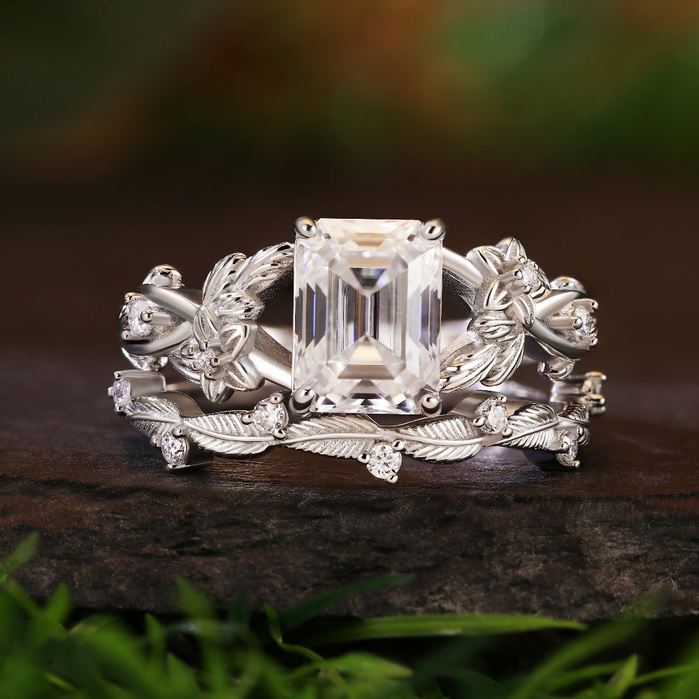 Unique Vintage 1.91ct Emerald Cut Moissanite Leaf Bridal Ring Set