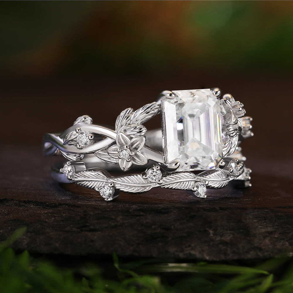 Unique Vintage 1.91ct Emerald Cut Moissanite Leaf Bridal Ring Set