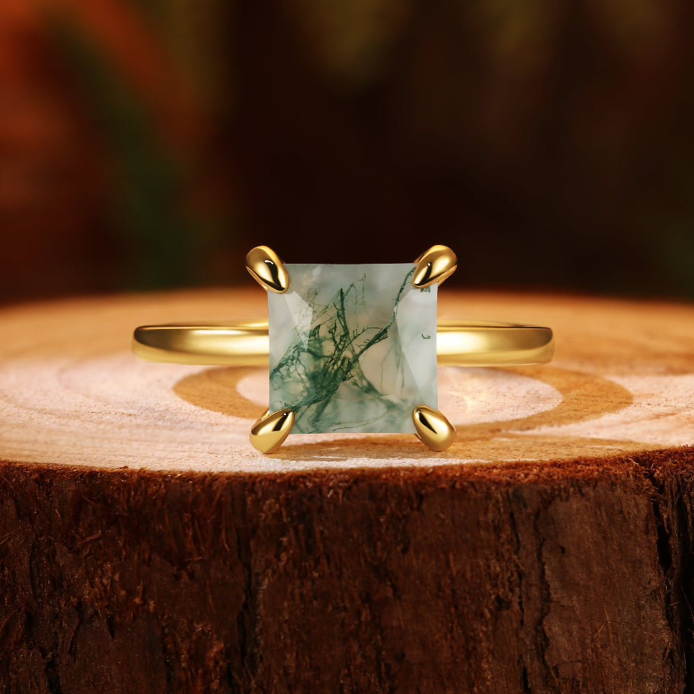 Nature Inspired 8x8mm Princess Cut Moss Agate Solitaire Engagement Ring
