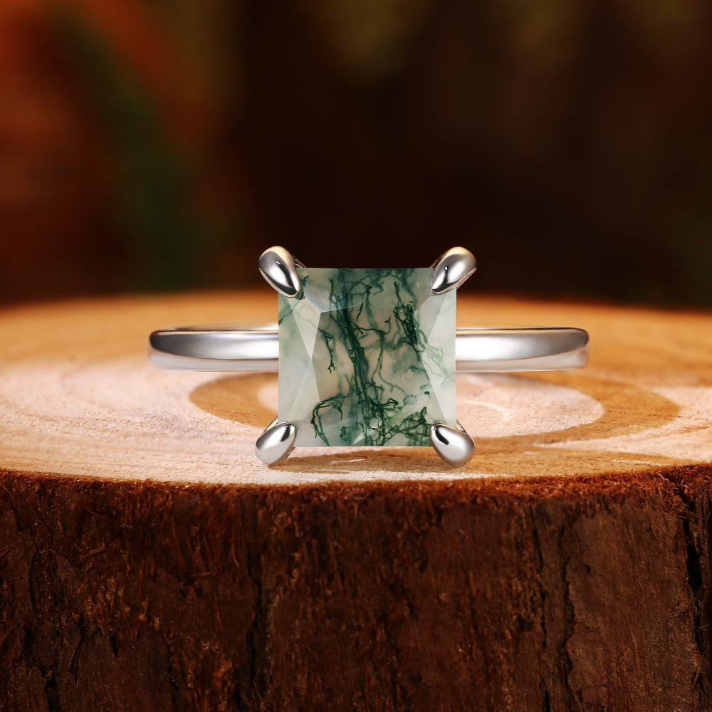 Nature Inspired 8x8mm Princess Cut Moss Agate Solitaire Engagement Ring
