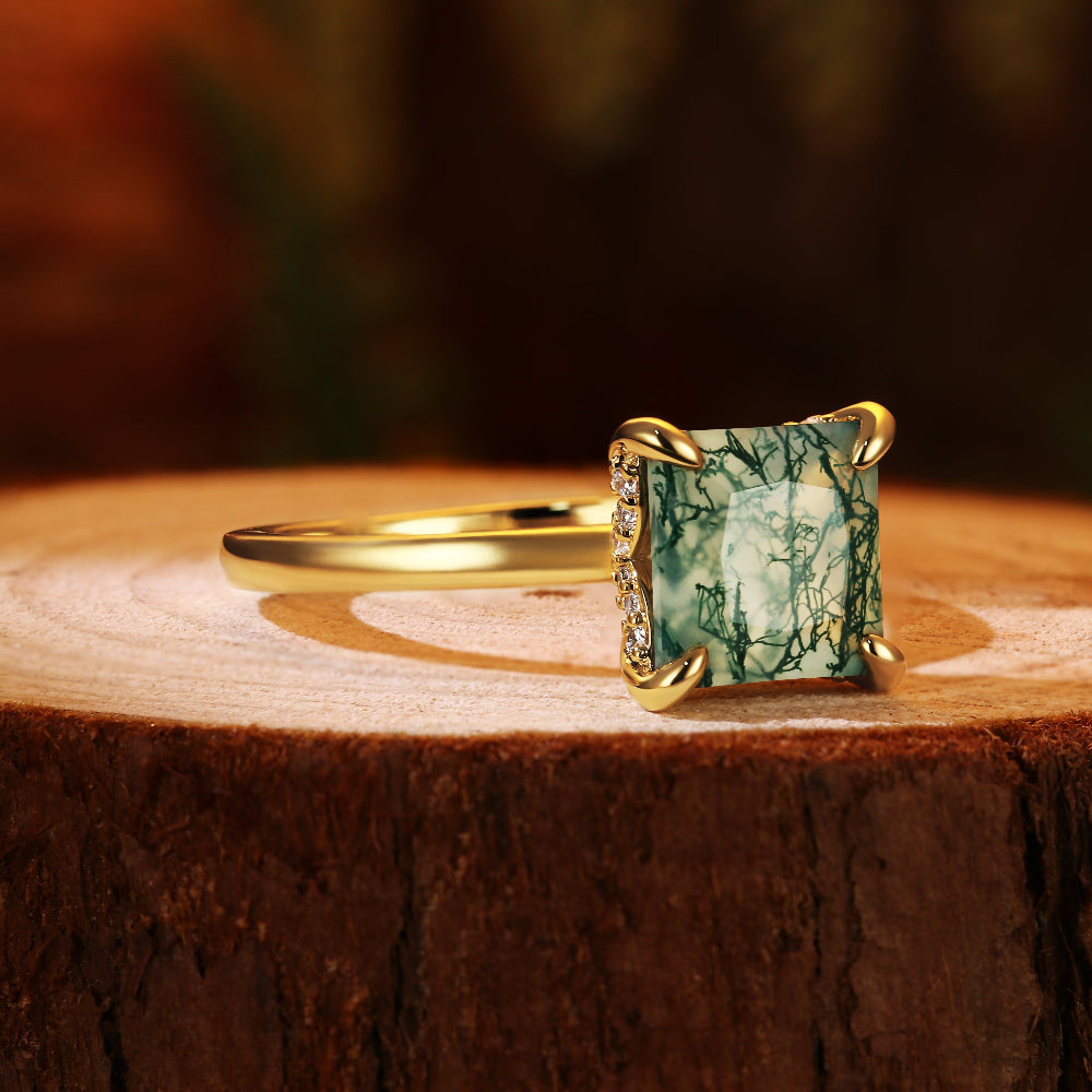 Nature Inspired 8x8mm Princess Cut Moss Agate Hidden Halo Engagement Ring