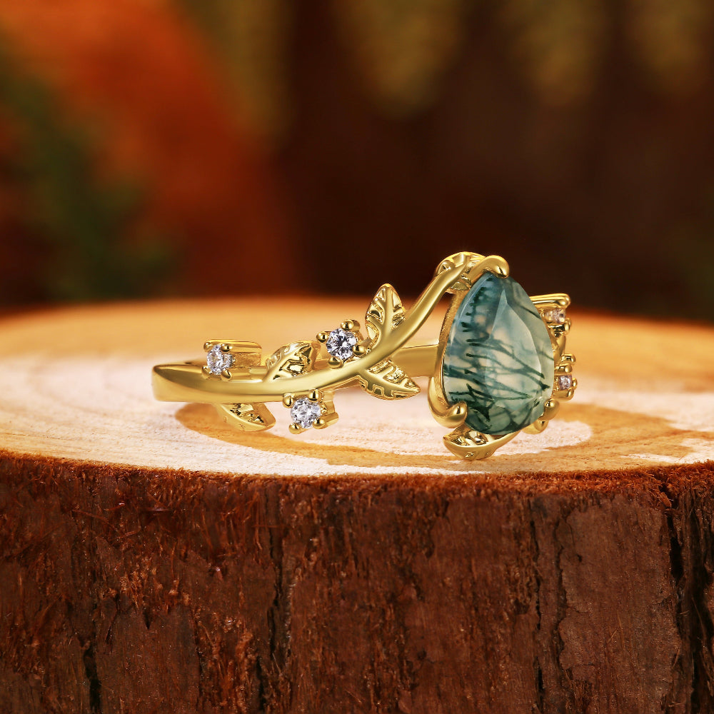 Nature Inspired Unique Forest Leaf 6x8mm Pear Cut Moss Agate Engagement Ring