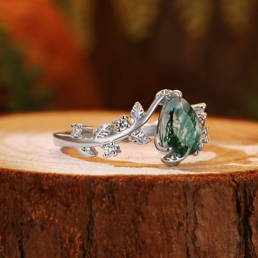 Nature Inspired Unique Forest Leaf 6x8mm Pear Cut Moss Agate Engagement Ring