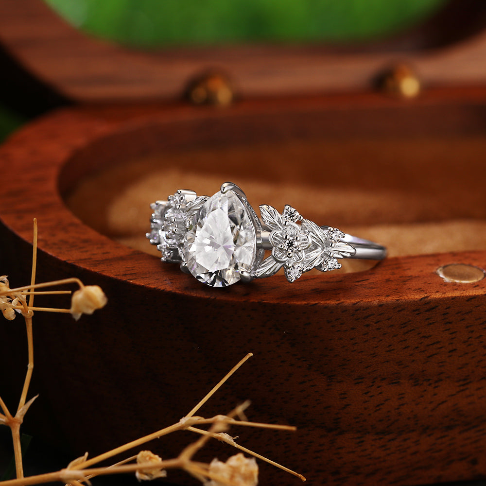 1.41ct Pear Cut Moissanite Engagement Ring, Nature Inspired Leaf & Vine Design
