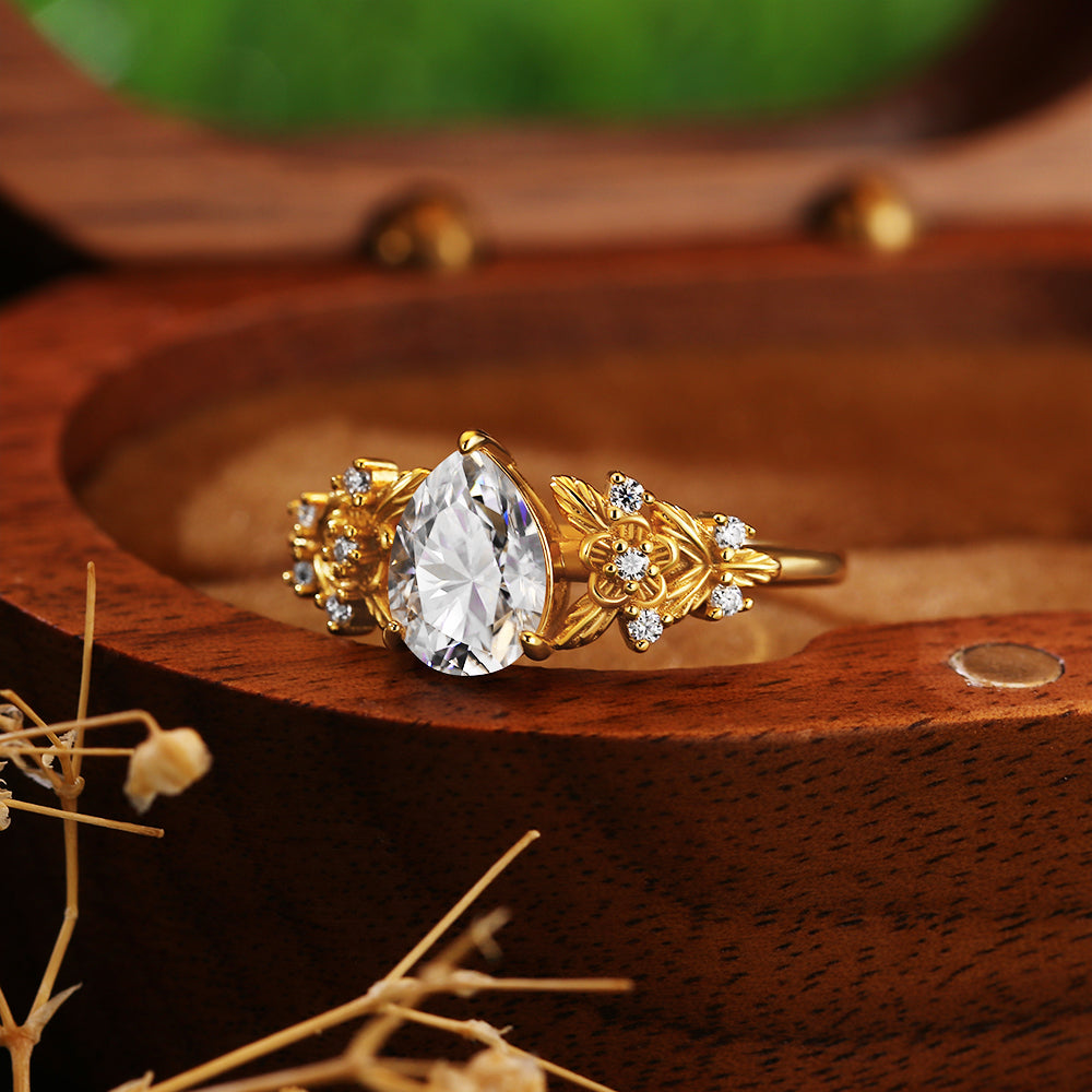 1.41ct Pear Cut Moissanite Engagement Ring, Nature Inspired Leaf & Vine Design
