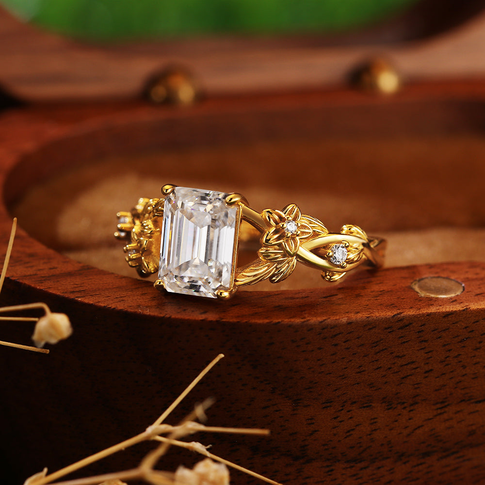 Vintage-Inspired 1.83ct Emerald Cut Moissanite Leaf Engagement Ring